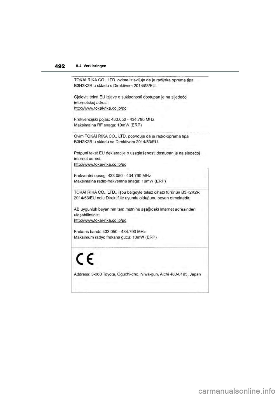 TOYOTA YARIS HATCHBACK 2020  Instructieboekje (in Dutch) 492
YARIS(HB) handleiding_Europa_MK0001_nl
8-4. Verklaringen
YARIS(HB)_OM_Europe_OMK0001E.book  Page 492  Thursday, March 12, 2020  9:10 AM 