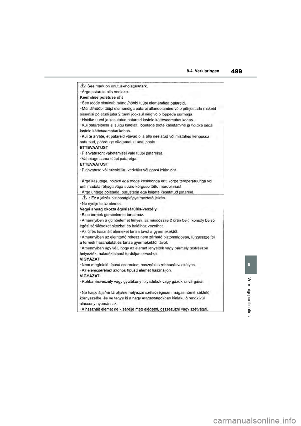 TOYOTA YARIS HATCHBACK 2020  Instructieboekje (in Dutch) 499
8
YARIS(HB) handleiding_Europa_MK0001_nl
8-4. Verklaringen
Voertuigspecificaties
YARIS(HB)_OM_Europe_OMK0001E.book  Page 499  Thursday, March 12, 2020  9:10 AM 