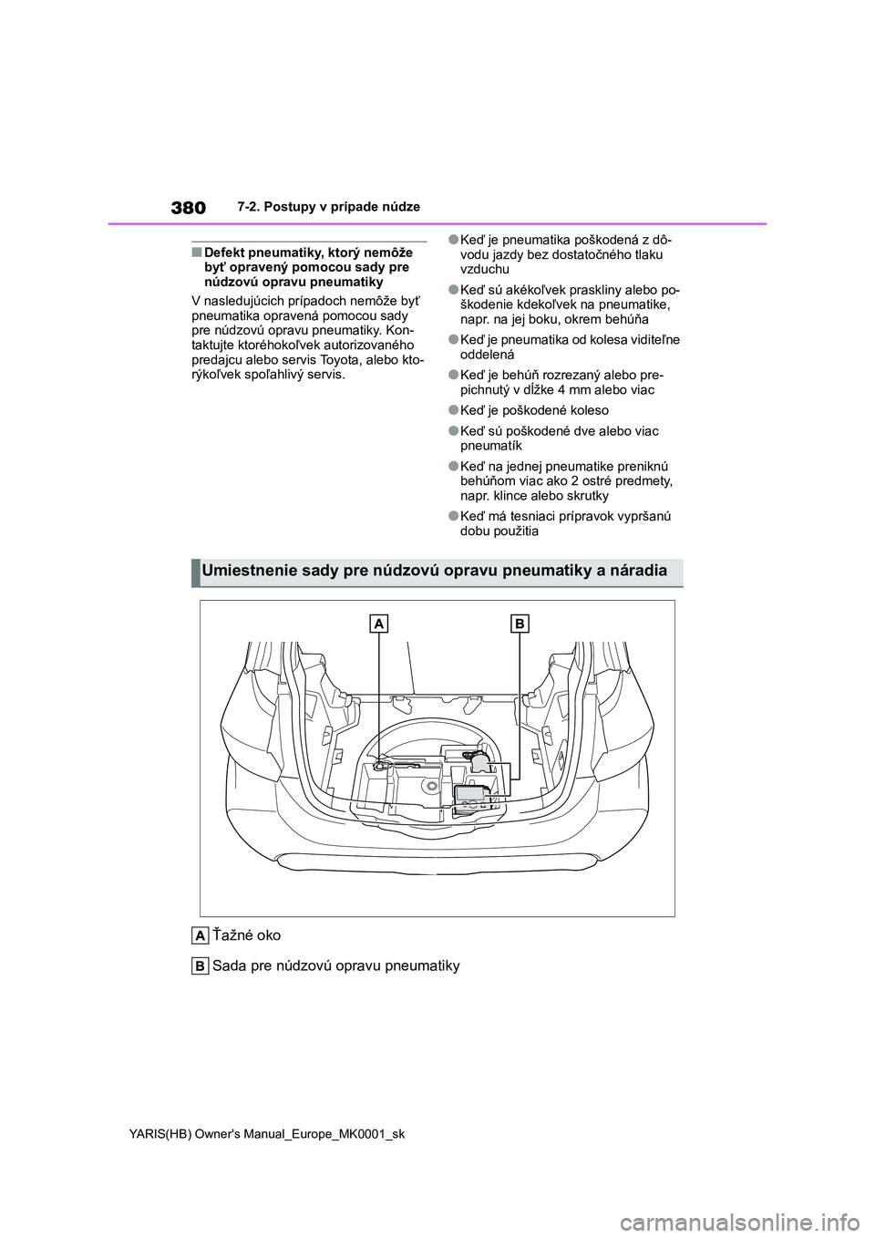 TOYOTA YARIS HATCHBACK 2020  Návod na použitie (in Slovakian) 380
YARIS(HB) Owner's Manual_Europe_MK0001_sk
7-2. Postupy v prípade núdze
■Defekt pneumatiky, ktorý nemôže  byť opravený pomocou sady pre  
núdzovú opravu pneumatiky 
V nasledujúcich 