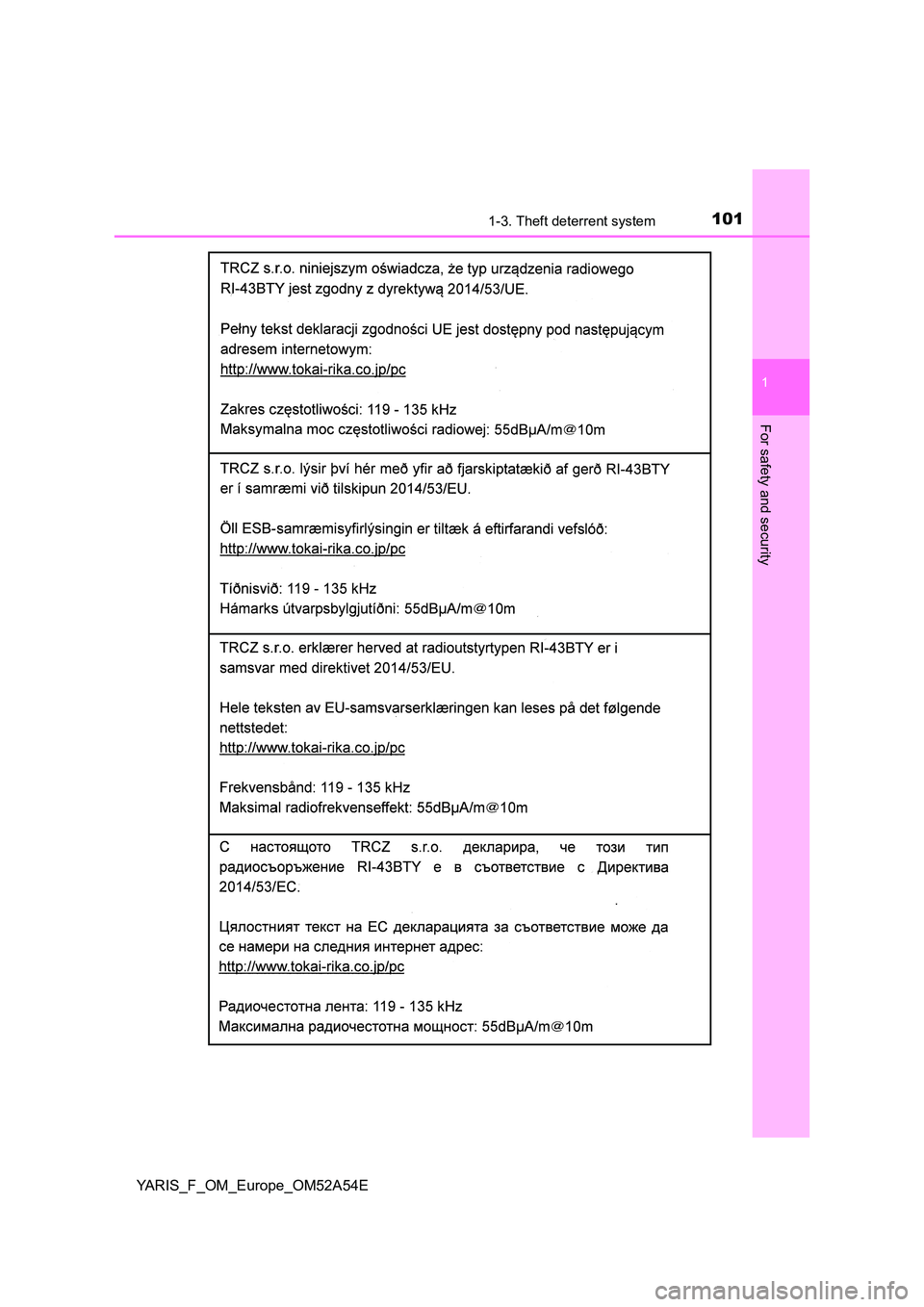TOYOTA YARIS HATCHBACK 2019  Owners Manual 1011-3. Theft deterrent system
1
For safety and security
YARIS_F_OM_Europe_OM52A54E 