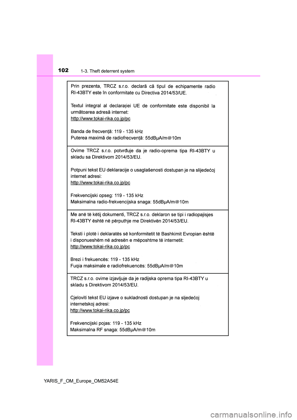 TOYOTA YARIS HATCHBACK 2019  Owners Manual 1021-3. Theft deterrent system
YARIS_F_OM_Europe_OM52A54E 