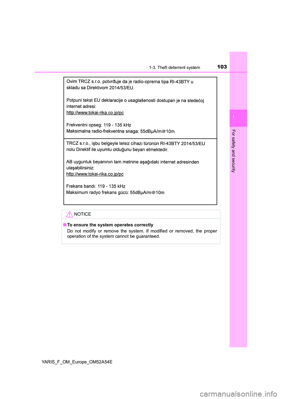 TOYOTA YARIS HATCHBACK 2019  Owners Manual 1031-3. Theft deterrent system
1
For safety and security
YARIS_F_OM_Europe_OM52A54E
NOTICE
■To ensure the system operates correctly 
Do not modify or remove the system. If modified or removed, the p