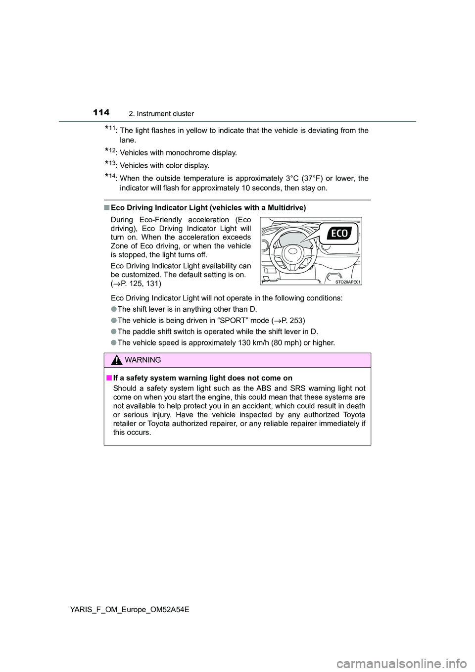 TOYOTA YARIS HATCHBACK 2019 Owners Manual 1142. Instrument cluster
YARIS_F_OM_Europe_OM52A54E
*11: The light flashes in yellow to indicate that the vehicle is deviating from the
lane.
*12: Vehicles with monochrome display.
*13: Vehicles with TOYOTA YARIS HATCHBACK 2019 Owners Manual 1142. Instrument cluster
YARIS_F_OM_Europe_OM52A54E
*11: The light flashes in yellow to indicate that the vehicle is deviating from the
lane.
*12: Vehicles with monochrome display.
*13: Vehicles with