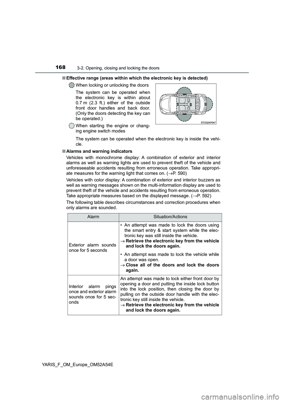TOYOTA YARIS HATCHBACK 2019 Owners Manual 1683-2. Opening, closing and locking the doors
YARIS_F_OM_Europe_OM52A54E
■ Effective range (areas within which the electronic key is detected)
The system can be operated when the electronic key i TOYOTA YARIS HATCHBACK 2019 Owners Manual 1683-2. Opening, closing and locking the doors
YARIS_F_OM_Europe_OM52A54E
■ Effective range (areas within which the electronic key is detected)
The system can be operated when the electronic key i