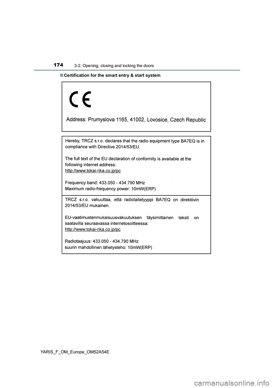 TOYOTA YARIS HATCHBACK 2019  Owners Manual 1743-2. Opening, closing and locking the doors
YARIS_F_OM_Europe_OM52A54E■Certification for the smart entry & start system 