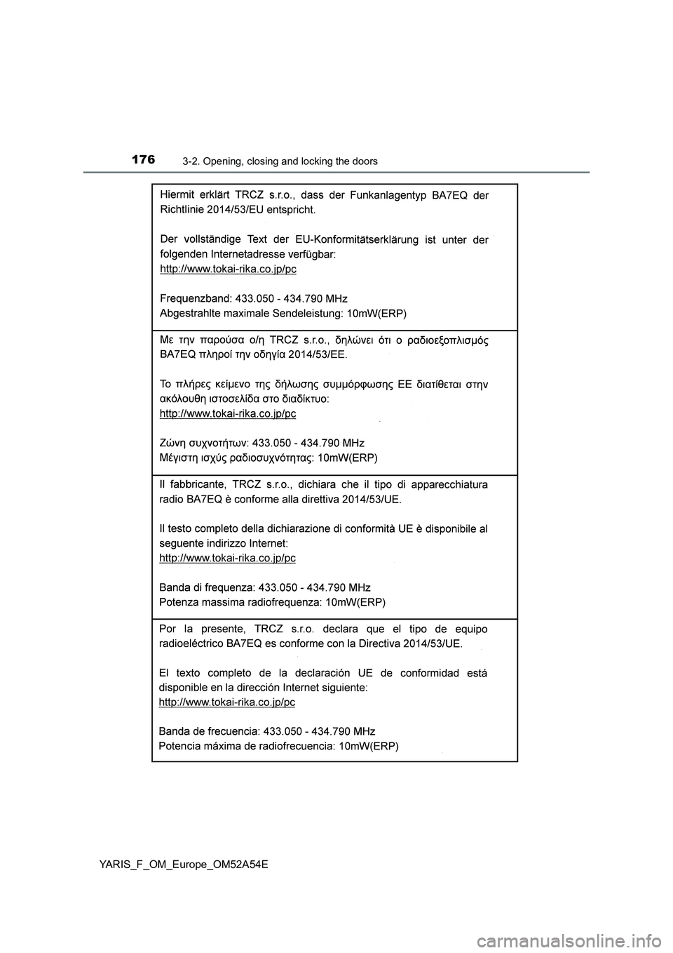 TOYOTA YARIS HATCHBACK 2019  Owners Manual 1763-2. Opening, closing and locking the doors
YARIS_F_OM_Europe_OM52A54E 