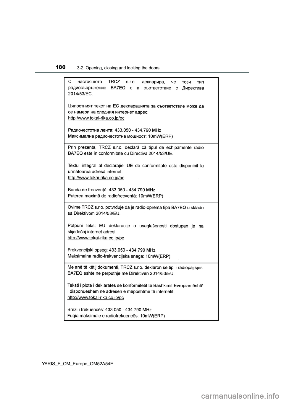 TOYOTA YARIS HATCHBACK 2019  Owners Manual 1803-2. Opening, closing and locking the doors
YARIS_F_OM_Europe_OM52A54E 