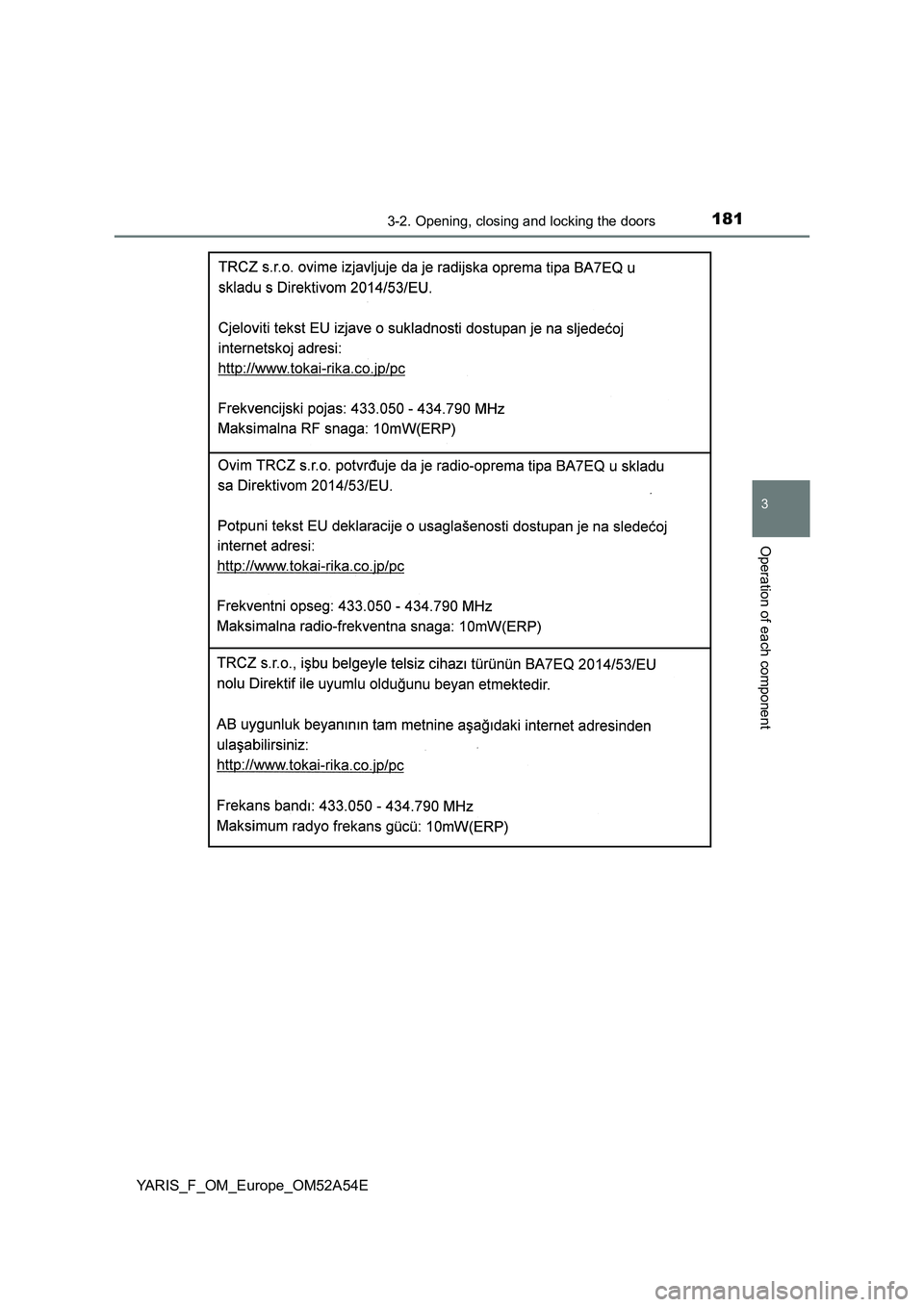 TOYOTA YARIS HATCHBACK 2019  Owners Manual 1813-2. Opening, closing and locking the doors
3
Operation of each component
YARIS_F_OM_Europe_OM52A54E 