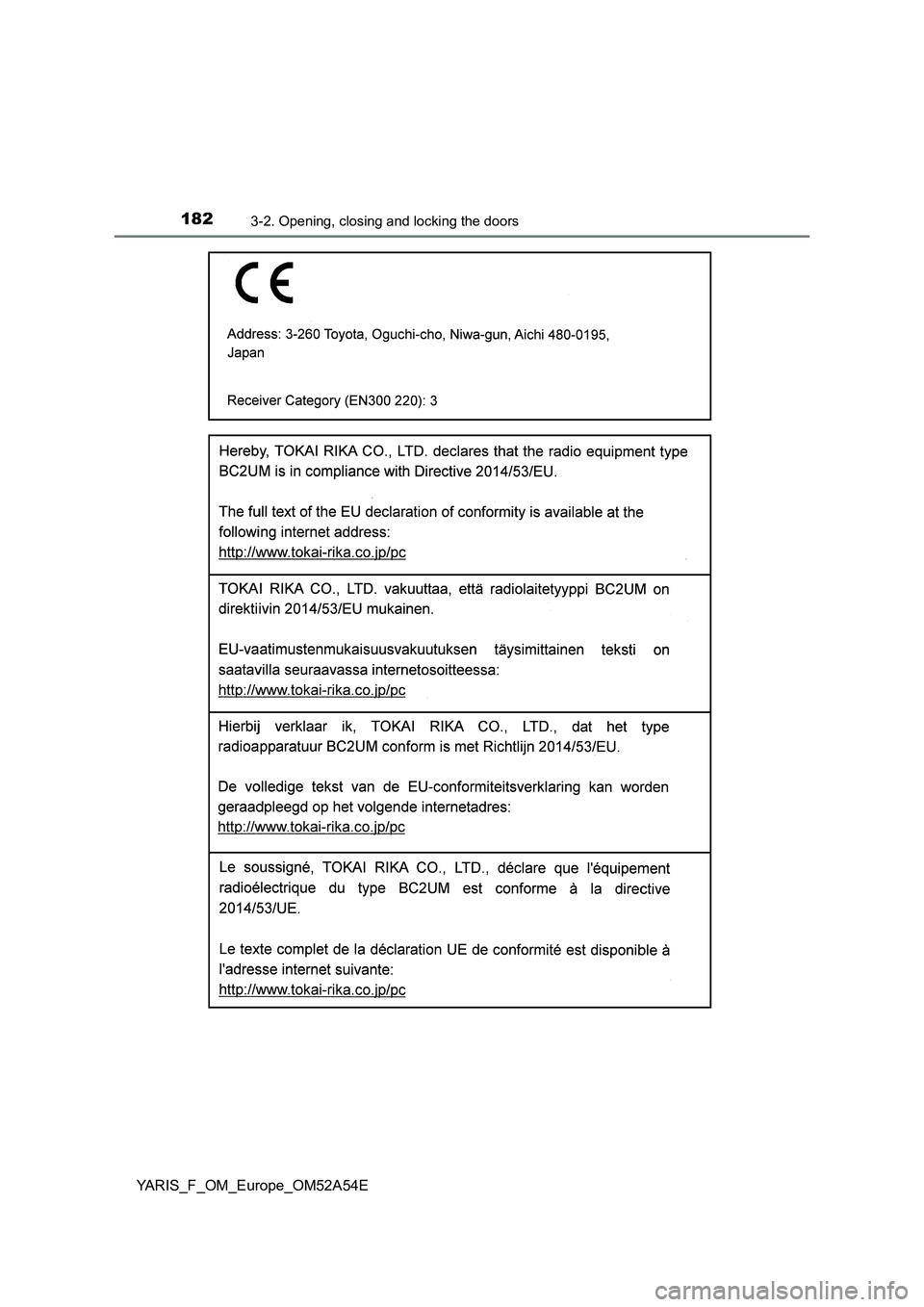 TOYOTA YARIS HATCHBACK 2019  Owners Manual 1823-2. Opening, closing and locking the doors
YARIS_F_OM_Europe_OM52A54E 