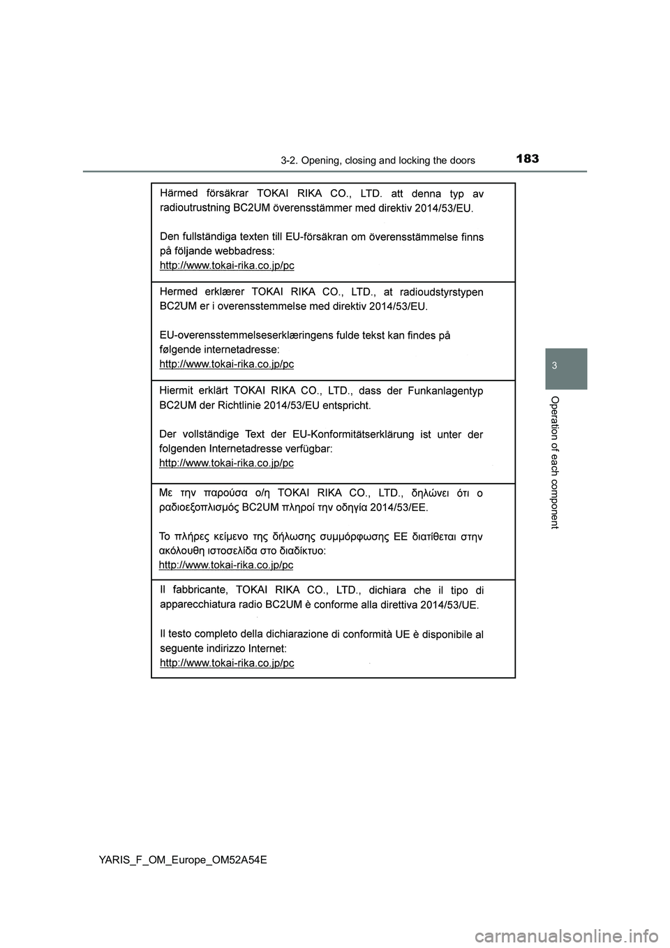 TOYOTA YARIS HATCHBACK 2019  Owners Manual 1833-2. Opening, closing and locking the doors
3
Operation of each component
YARIS_F_OM_Europe_OM52A54E 