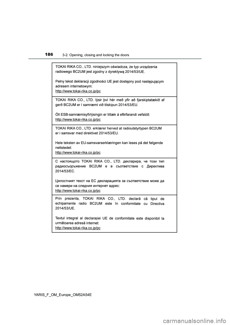 TOYOTA YARIS HATCHBACK 2019  Owners Manual 1863-2. Opening, closing and locking the doors
YARIS_F_OM_Europe_OM52A54E 