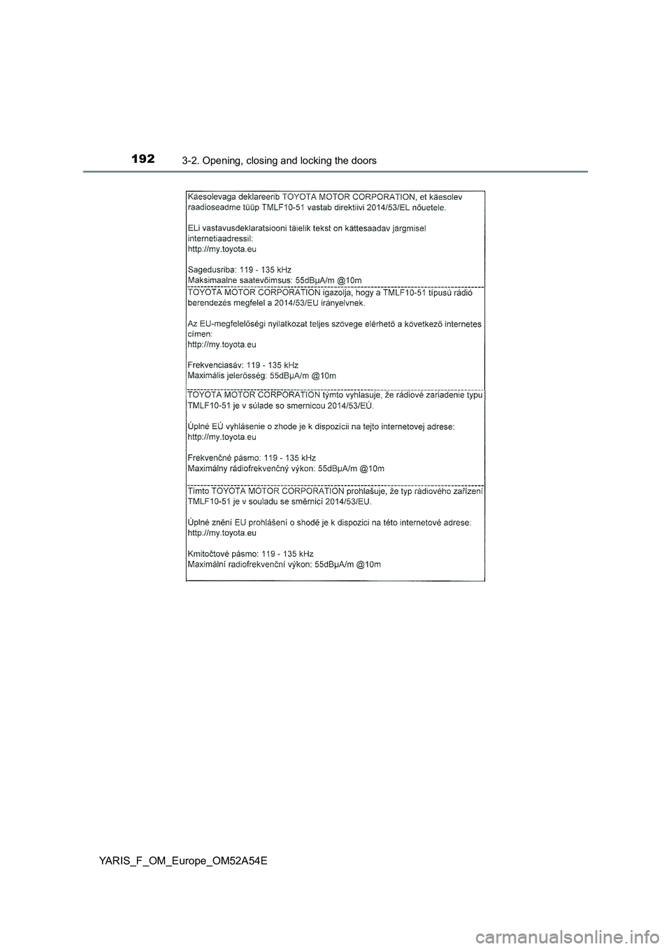 TOYOTA YARIS HATCHBACK 2019  Owners Manual 1923-2. Opening, closing and locking the doors
YARIS_F_OM_Europe_OM52A54E 