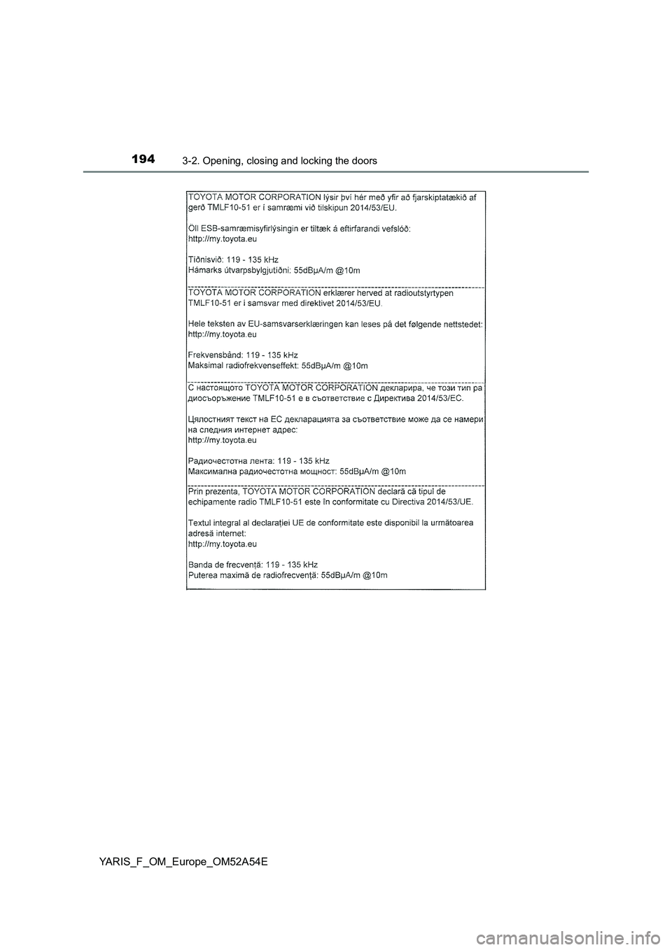 TOYOTA YARIS HATCHBACK 2019  Owners Manual 1943-2. Opening, closing and locking the doors
YARIS_F_OM_Europe_OM52A54E 