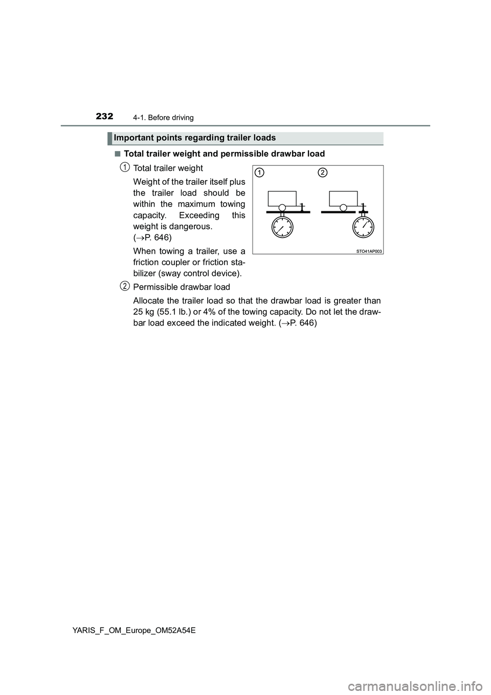 TOYOTA YARIS HATCHBACK 2019  Owners Manual 2324-1. Before driving
YARIS_F_OM_Europe_OM52A54E■
Total trailer weight and permissible drawbar load
Total trailer weight
Weight of the trailer itself plus
the trailer load should be
within the maxi