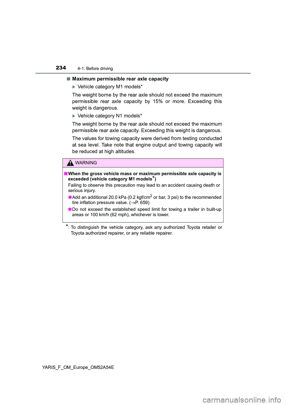 TOYOTA YARIS HATCHBACK 2019 Owners Manual 2344-1. Before driving
YARIS_F_OM_Europe_OM52A54E
■Maximum permissible rear axle capacity
Vehicle category M1 models*
The weight borne by the rear axle should not exceed the maximum
permissibl TOYOTA YARIS HATCHBACK 2019 Owners Manual 2344-1. Before driving
YARIS_F_OM_Europe_OM52A54E
■Maximum permissible rear axle capacity
Vehicle category M1 models*
The weight borne by the rear axle should not exceed the maximum
permissibl