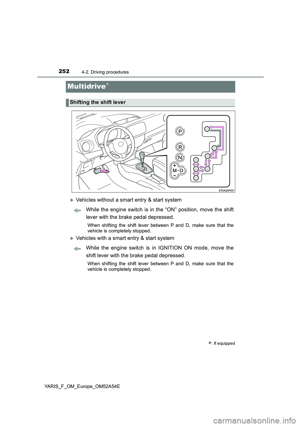 TOYOTA YARIS HATCHBACK 2019  Owners Manual 2524-2. Driving procedures
YARIS_F_OM_Europe_OM52A54E
Multidrive
Vehicles without a smart entry & start system
While the engine switch is in the “ON” position, move the shift
lever with the 
