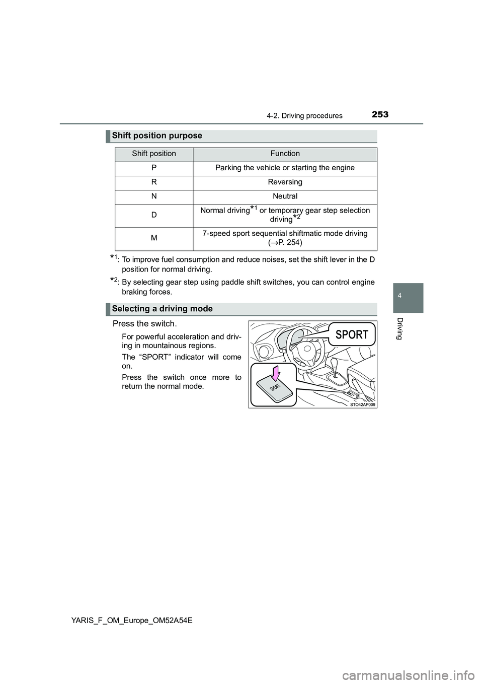 TOYOTA YARIS HATCHBACK 2019  Owners Manual 2534-2. Driving procedures
4
Driving
YARIS_F_OM_Europe_OM52A54E
*1: To improve fuel consumption and reduce noises, set the shift lever in the D
position for normal driving.
*2: By selecting gear step 