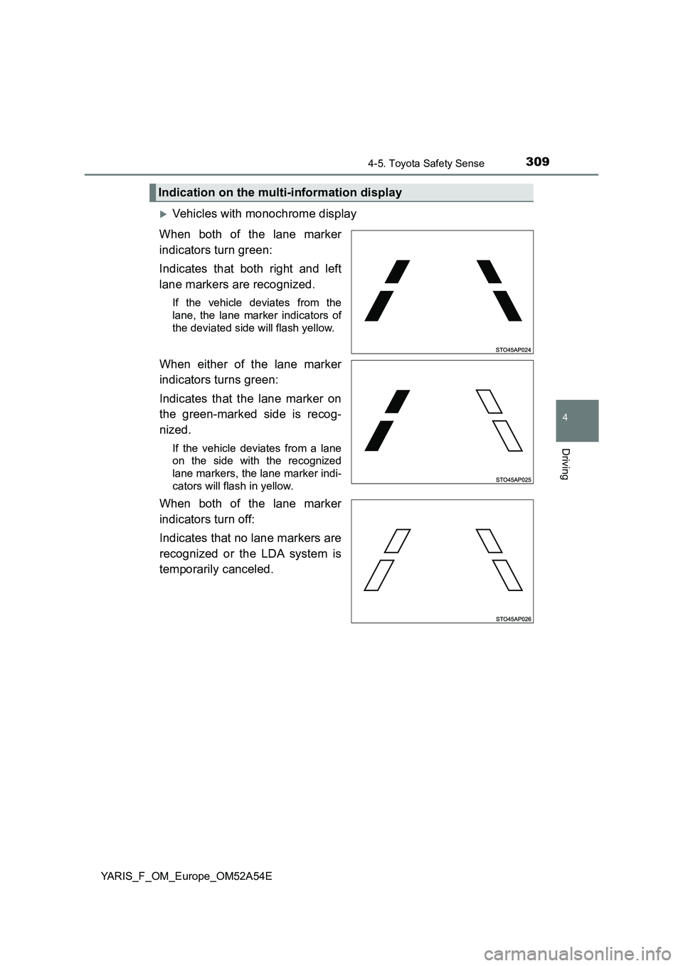 TOYOTA YARIS HATCHBACK 2019  Owners Manual 3094-5. Toyota Safety Sense
4
Driving
YARIS_F_OM_Europe_OM52A54E
Vehicles with monochrome display
When both of the lane marker
indicators turn green: 
Indicates that both right and left
lane marker