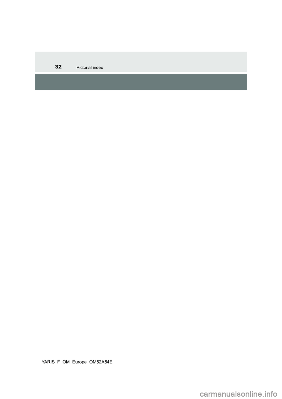 TOYOTA YARIS HATCHBACK 2019  Owners Manual 32Pictorial index
YARIS_F_OM_Europe_OM52A54E 