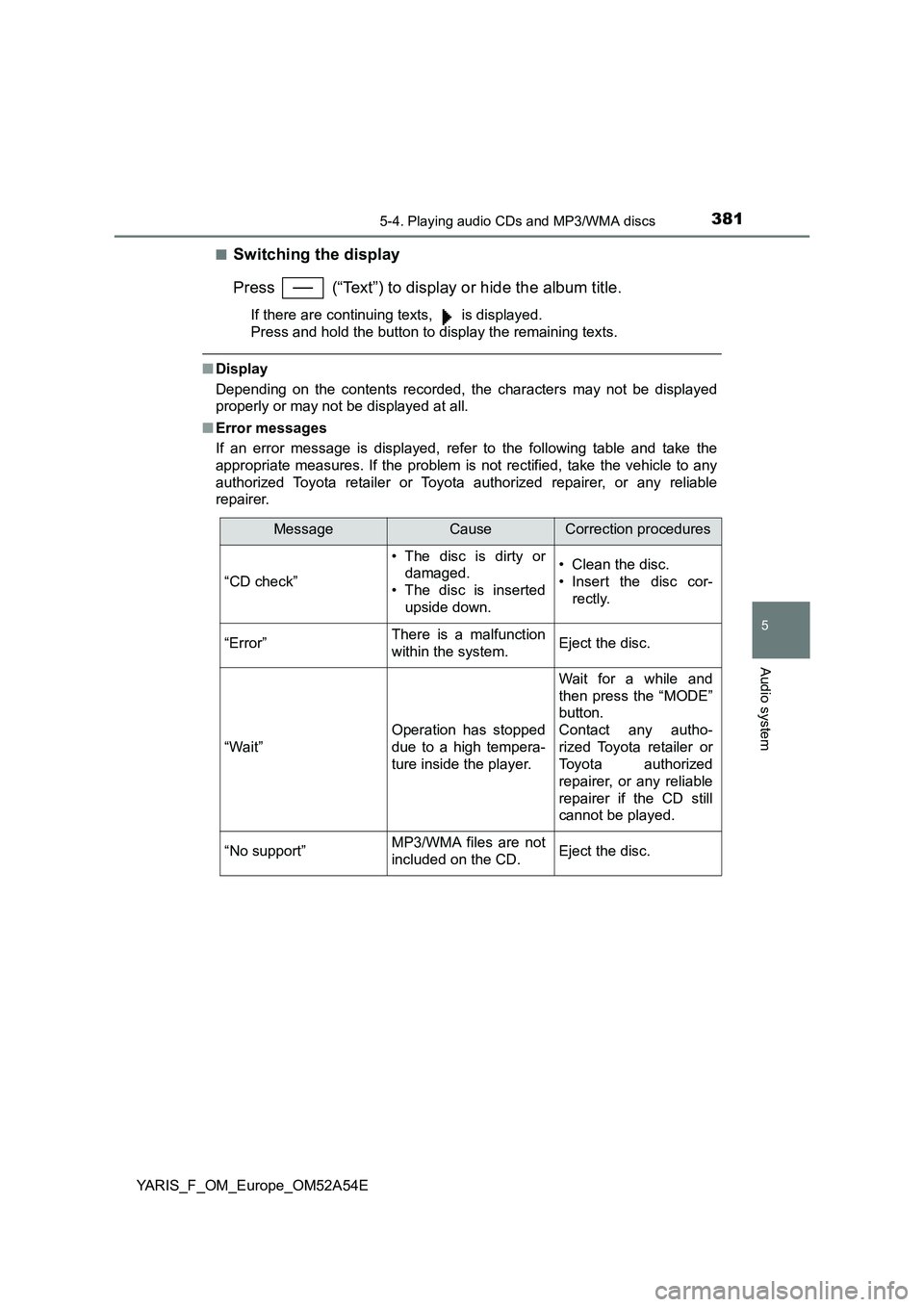 TOYOTA YARIS HATCHBACK 2019 Owners Manual 3815-4. Playing audio CDs and MP3/WMA discs
5
Audio system
YARIS_F_OM_Europe_OM52A54E■
Switching the display
Press (“Text”) to display or hide the album title.
If there are continuing texts, TOYOTA YARIS HATCHBACK 2019 Owners Manual 3815-4. Playing audio CDs and MP3/WMA discs
5
Audio system
YARIS_F_OM_Europe_OM52A54E■
Switching the display
Press (“Text”) to display or hide the album title.
If there are continuing texts,