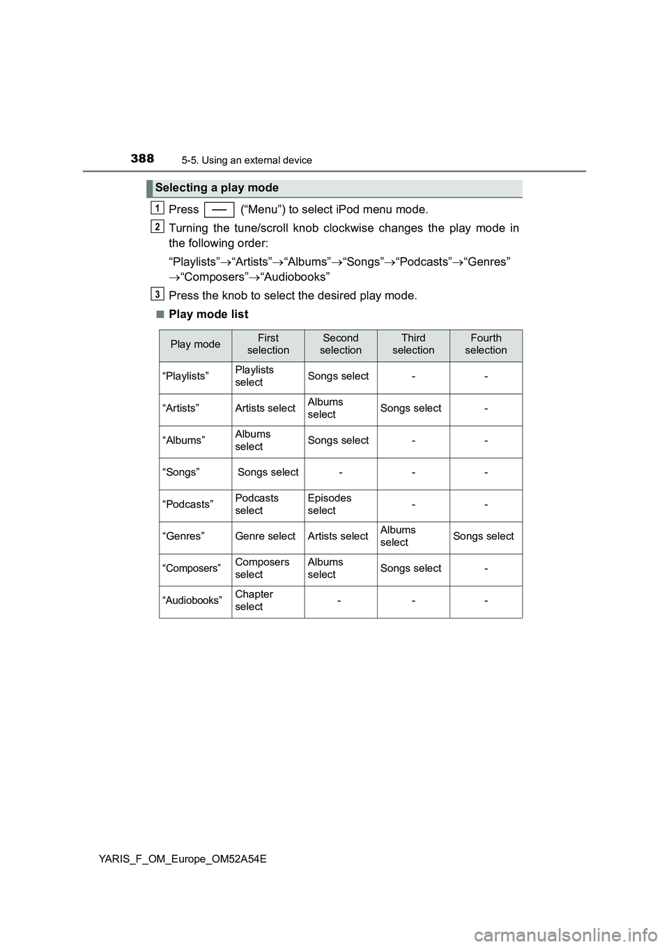TOYOTA YARIS HATCHBACK 2019  Owners Manual 3885-5. Using an external device
YARIS_F_OM_Europe_OM52A54E
Press   (“Menu”) to select iPod menu mode.
Turning the tune/scroll knob clockwise changes the play mode in
the following order:
“Playl