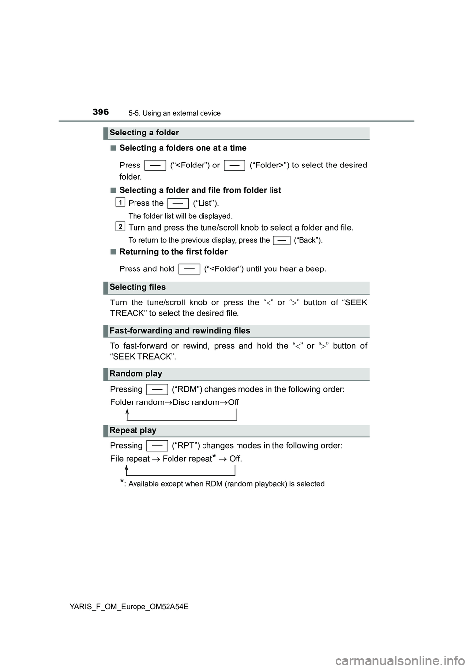 TOYOTA YARIS HATCHBACK 2019  Owners Manual 3965-5. Using an external device
YARIS_F_OM_Europe_OM52A54E■
Selecting a folders one at a time
Press   (“<Folder”) or   (“Folder>”) to select the desired
folder.
■Selecting a folder and fi