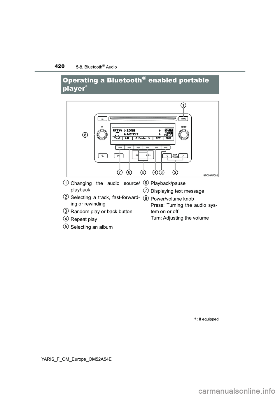 TOYOTA YARIS HATCHBACK 2019  Owners Manual 4205-8. Bluetooth® Audio
YARIS_F_OM_Europe_OM52A54E
Operating a Bluetooth® enabled portable 
player

: If equipped
Changing the audio source/
playback
Selecting a track, fast-forward-
ing or r