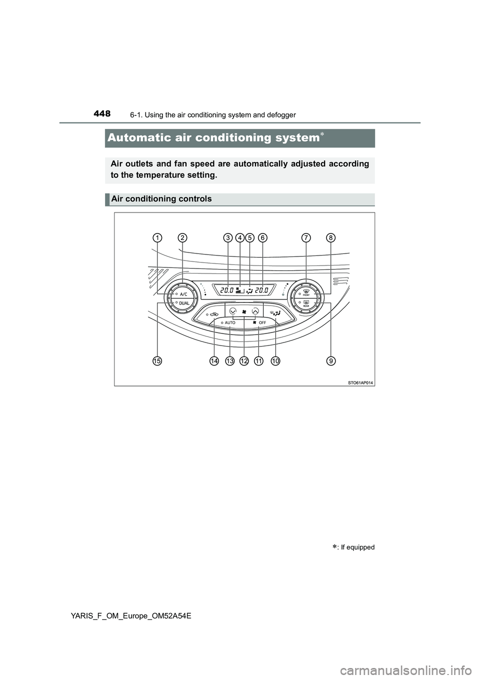 TOYOTA YARIS HATCHBACK 2019  Owners Manual 4486-1. Using the air conditioning system and defogger
YARIS_F_OM_Europe_OM52A54E
Automatic air conditioning system
: If equipped
Air outlets and fan speed are automatically adjusted according
t