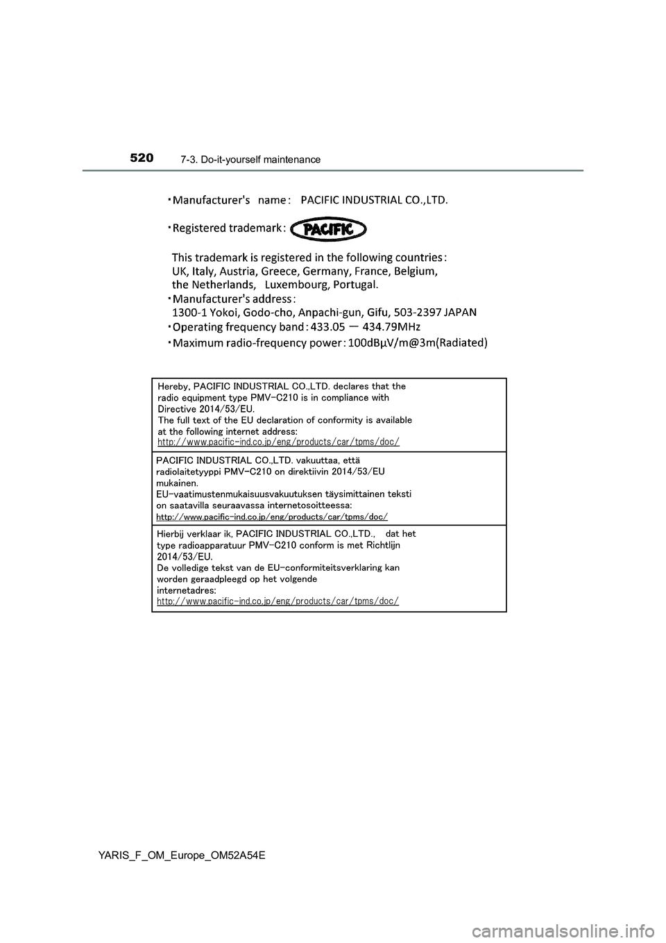 TOYOTA YARIS HATCHBACK 2019  Owners Manual 5207-3. Do-it-yourself maintenance
YARIS_F_OM_Europe_OM52A54E 