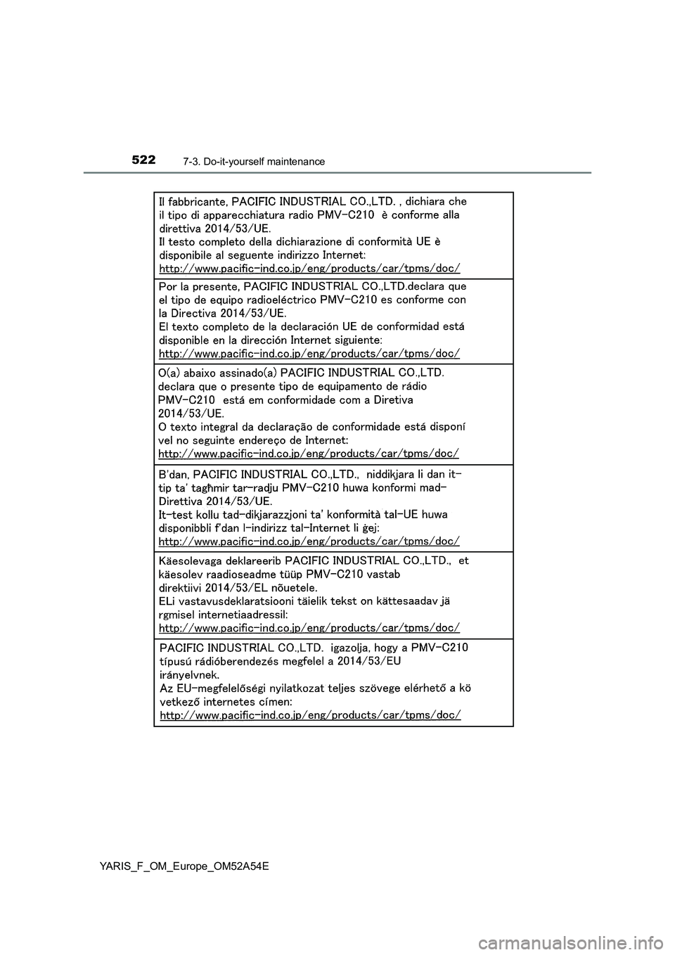 TOYOTA YARIS HATCHBACK 2019  Owners Manual 5227-3. Do-it-yourself maintenance
YARIS_F_OM_Europe_OM52A54E 