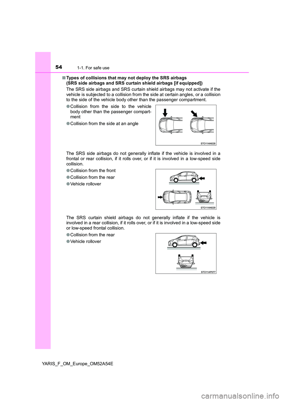 TOYOTA YARIS HATCHBACK 2019  Owners Manual 541-1. For safe use
YARIS_F_OM_Europe_OM52A54E 
■ Types of collisions that may not deploy the SRS airbags  
(SRS side airbags and SRS curtai n shield airbags [if equipped]) 
The SRS side airbags and