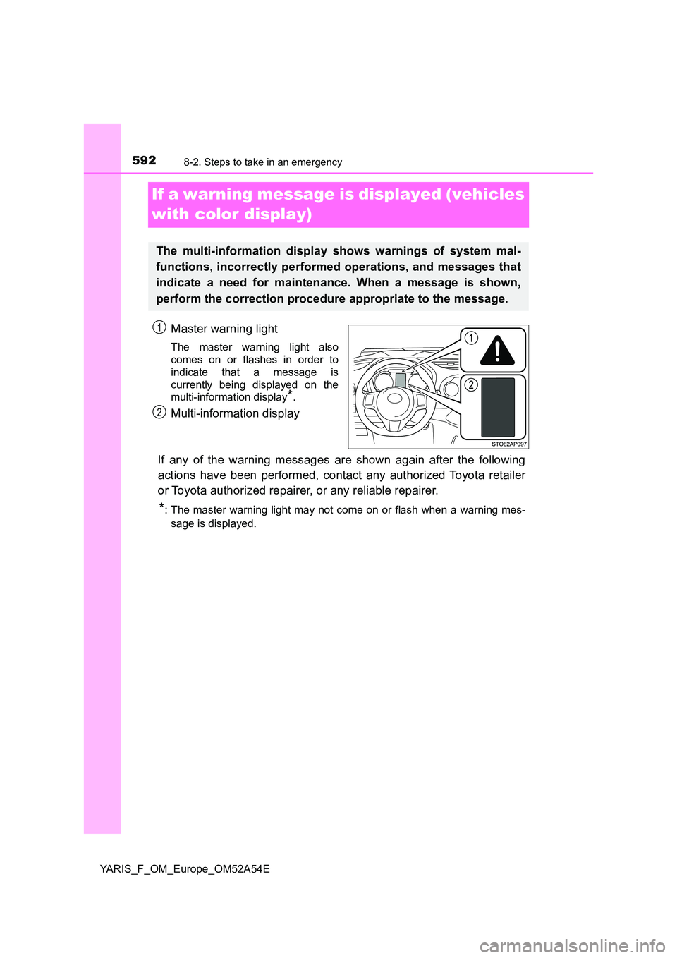 TOYOTA YARIS HATCHBACK 2019  Owners Manual 5928-2. Steps to take in an emergency
YARIS_F_OM_Europe_OM52A54E
If a warning message is displayed (vehicles  
with color display)
Master warning light
The master warning light also 
comes on or flash