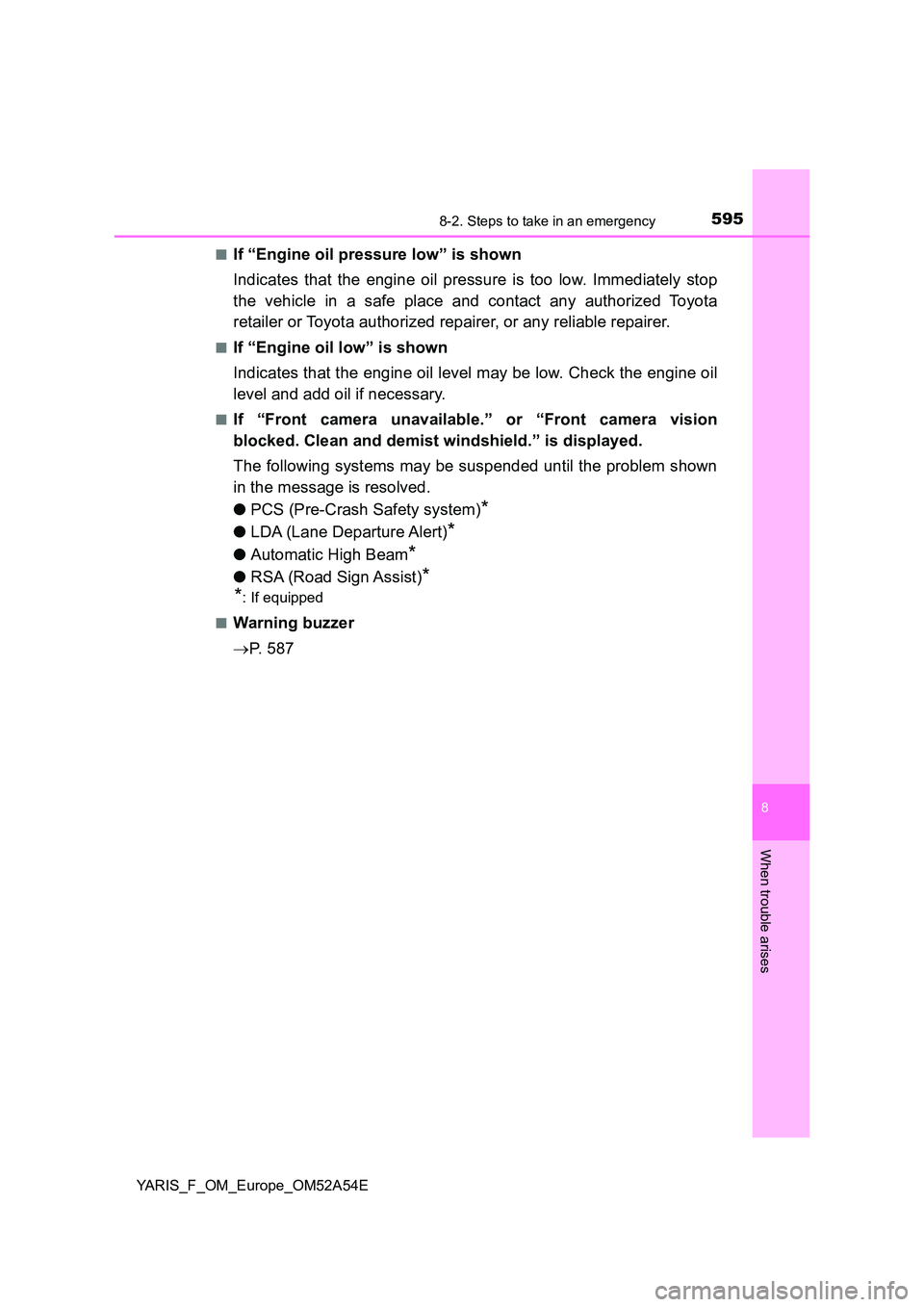 TOYOTA YARIS HATCHBACK 2019  Owners Manual 5958-2. Steps to take in an emergency
8
When trouble arises
YARIS_F_OM_Europe_OM52A54E 
■If “Engine oil pressure low” is shown 
Indicates that the engine oil pressure is too low. Immediately sto
