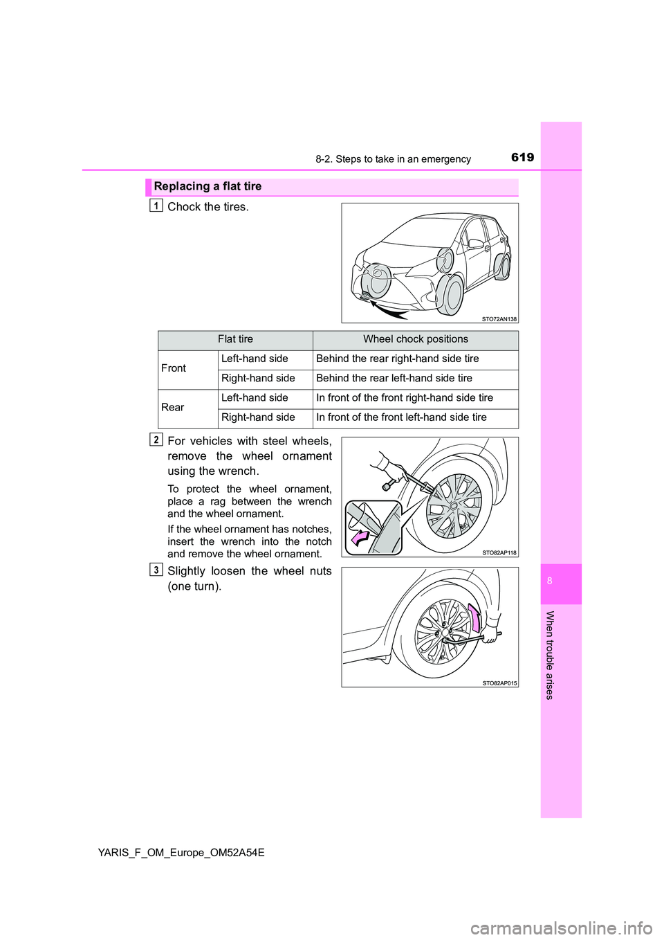 TOYOTA YARIS HATCHBACK 2019  Owners Manual 6198-2. Steps to take in an emergency
8
When trouble arises
YARIS_F_OM_Europe_OM52A54E
Chock the tires. 
For vehicles with steel wheels, 
remove the wheel ornament 
using the wrench.
To protect the wh