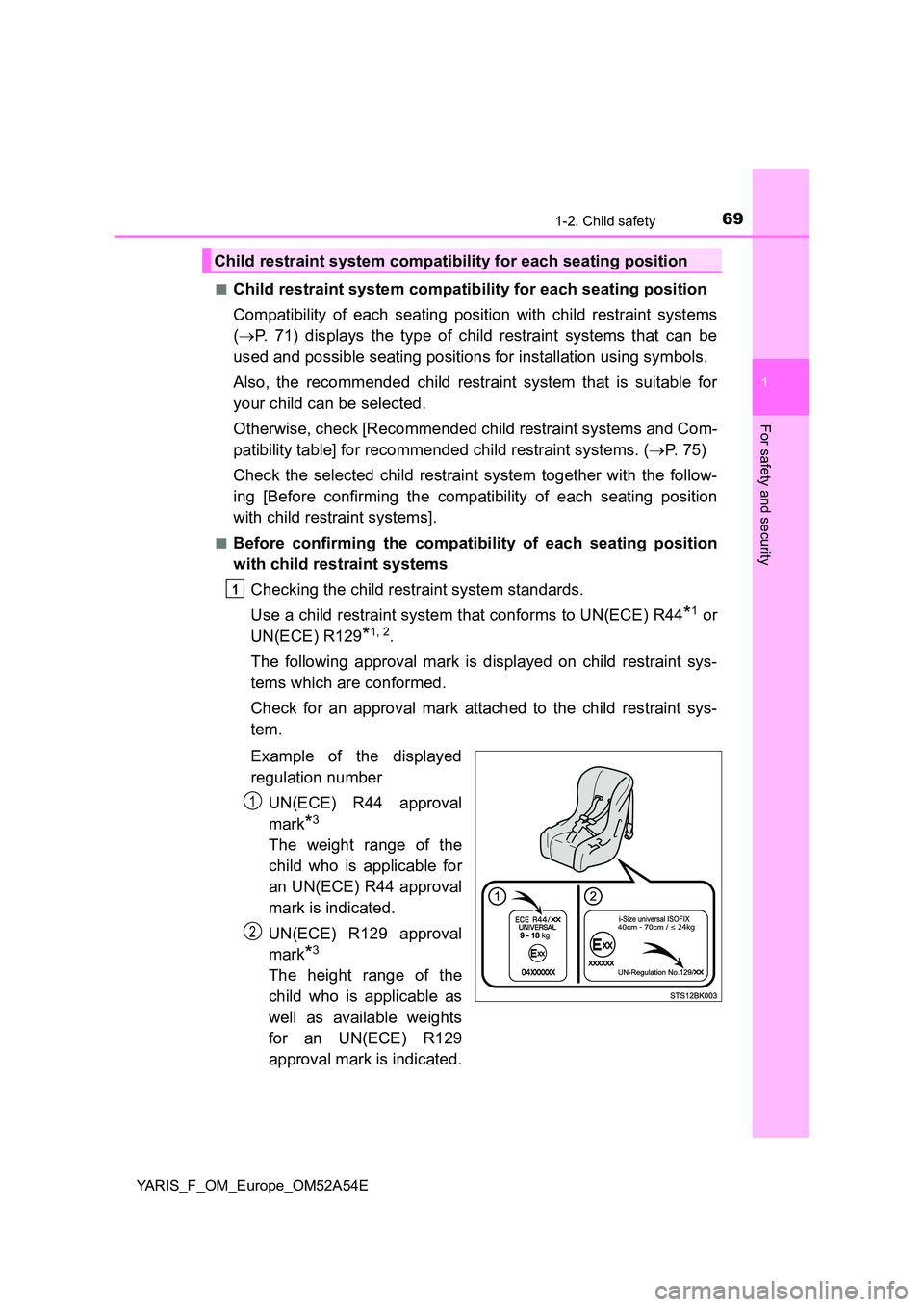 TOYOTA YARIS HATCHBACK 2019 Owners Manual 691-2. Child safety
1
For safety and security
YARIS_F_OM_Europe_OM52A54E
■Child restraint system compatibility for each seating position
Compatibility of each seating position with child restraint TOYOTA YARIS HATCHBACK 2019 Owners Manual 691-2. Child safety
1
For safety and security
YARIS_F_OM_Europe_OM52A54E
■Child restraint system compatibility for each seating position
Compatibility of each seating position with child restraint