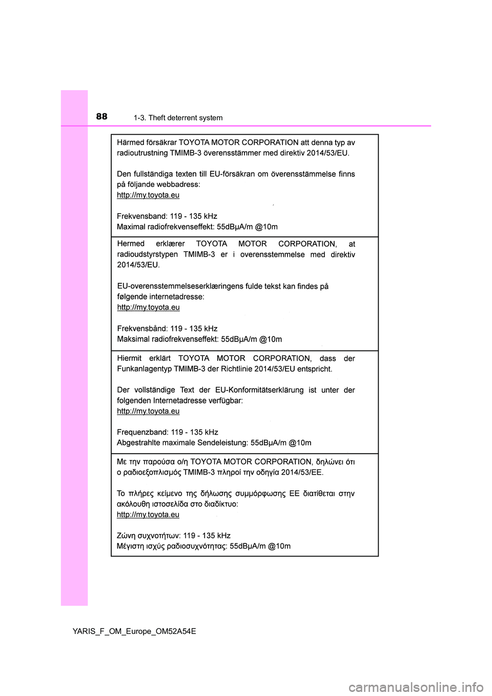 TOYOTA YARIS HATCHBACK 2019  Owners Manual 881-3. Theft deterrent system
YARIS_F_OM_Europe_OM52A54E 