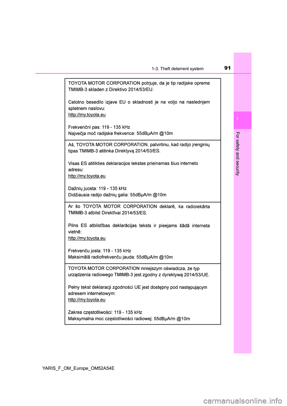 TOYOTA YARIS HATCHBACK 2019  Owners Manual 911-3. Theft deterrent system
1
For safety and security
YARIS_F_OM_Europe_OM52A54E 