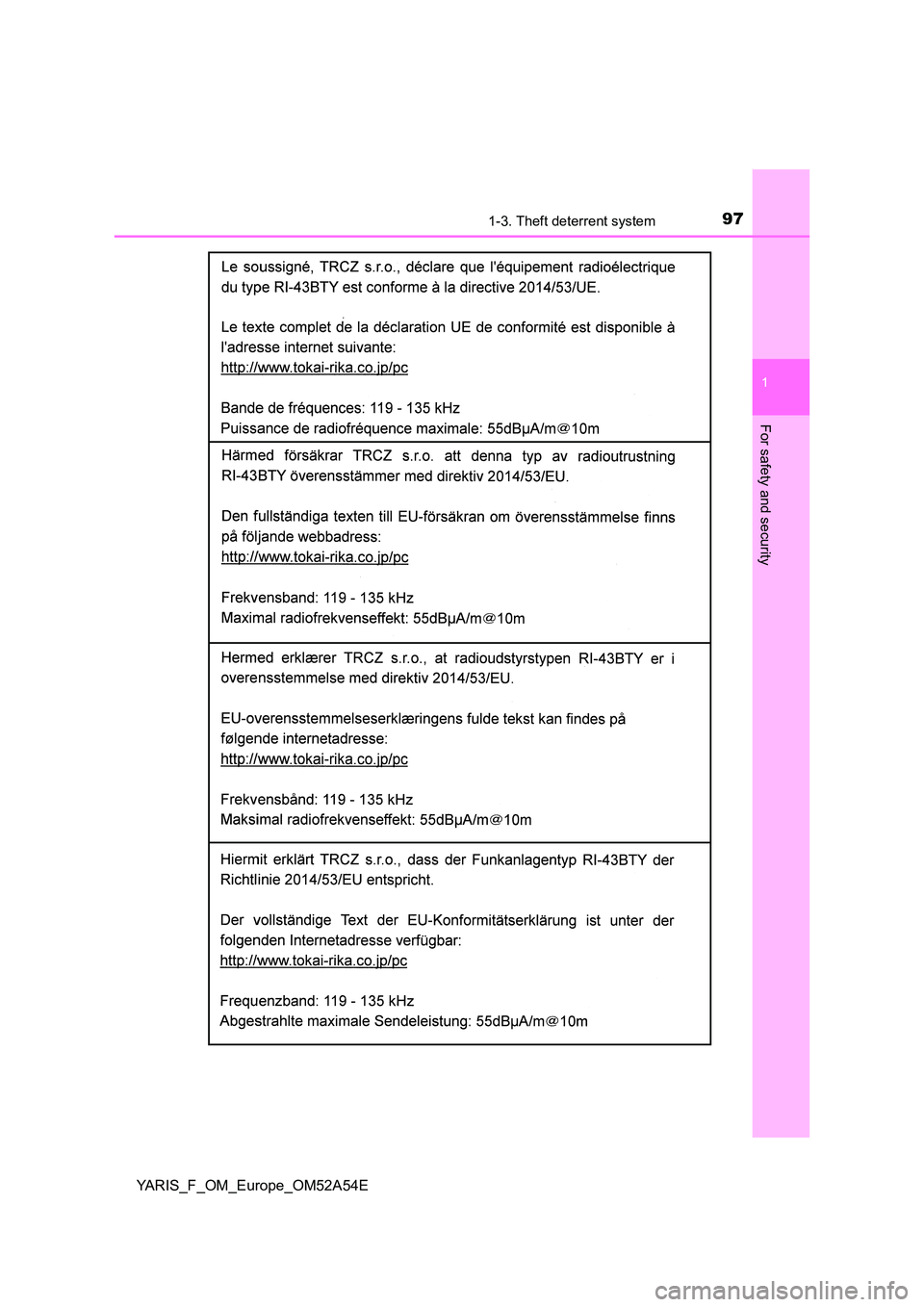 TOYOTA YARIS HATCHBACK 2019  Owners Manual 971-3. Theft deterrent system
1
For safety and security
YARIS_F_OM_Europe_OM52A54E 