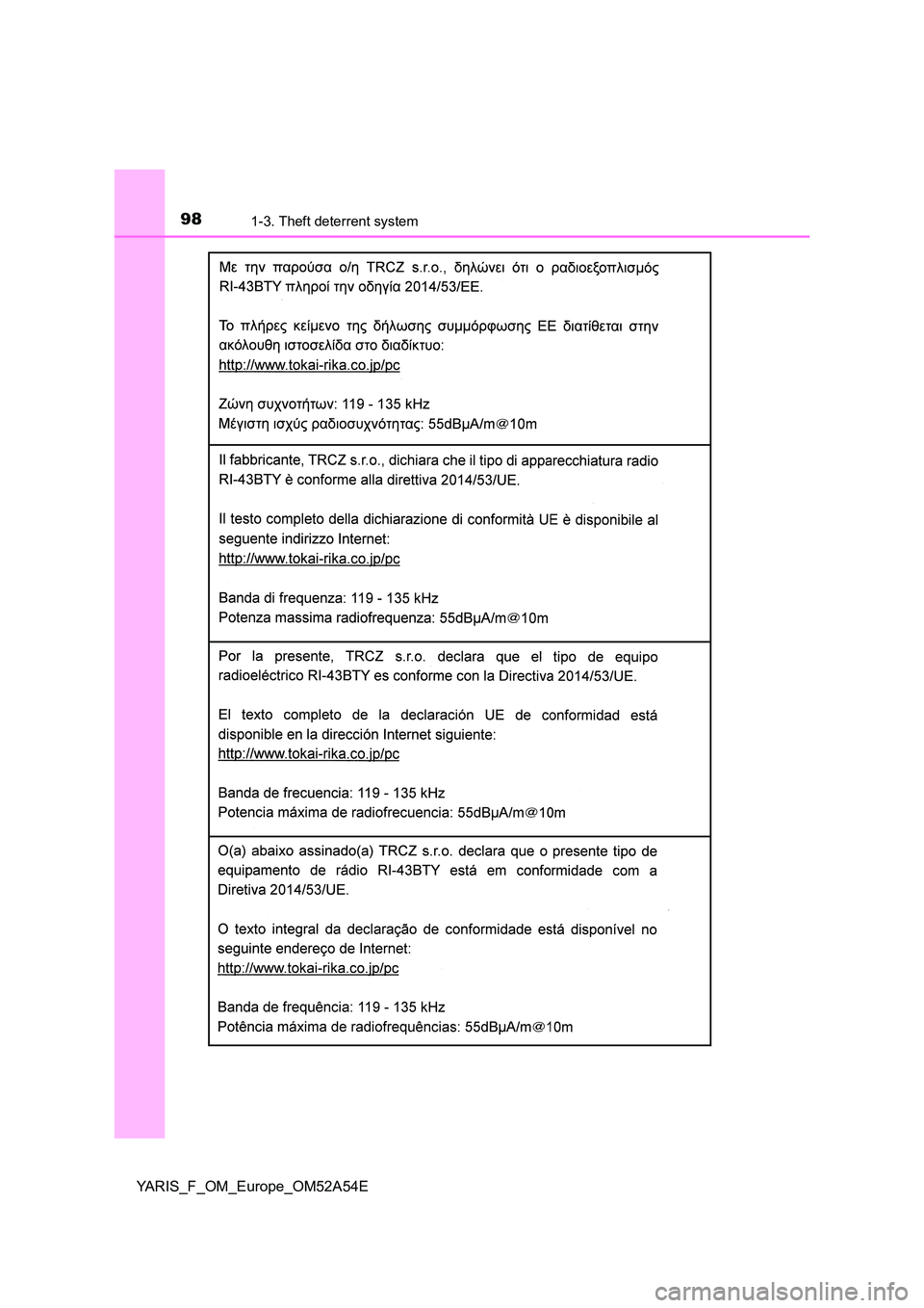 TOYOTA YARIS HATCHBACK 2019  Owners Manual 981-3. Theft deterrent system
YARIS_F_OM_Europe_OM52A54E 