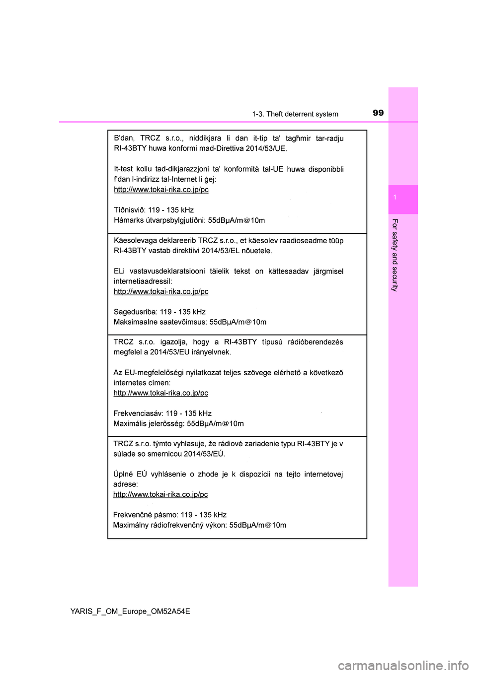 TOYOTA YARIS HATCHBACK 2019  Owners Manual 991-3. Theft deterrent system
1
For safety and security
YARIS_F_OM_Europe_OM52A54E 
