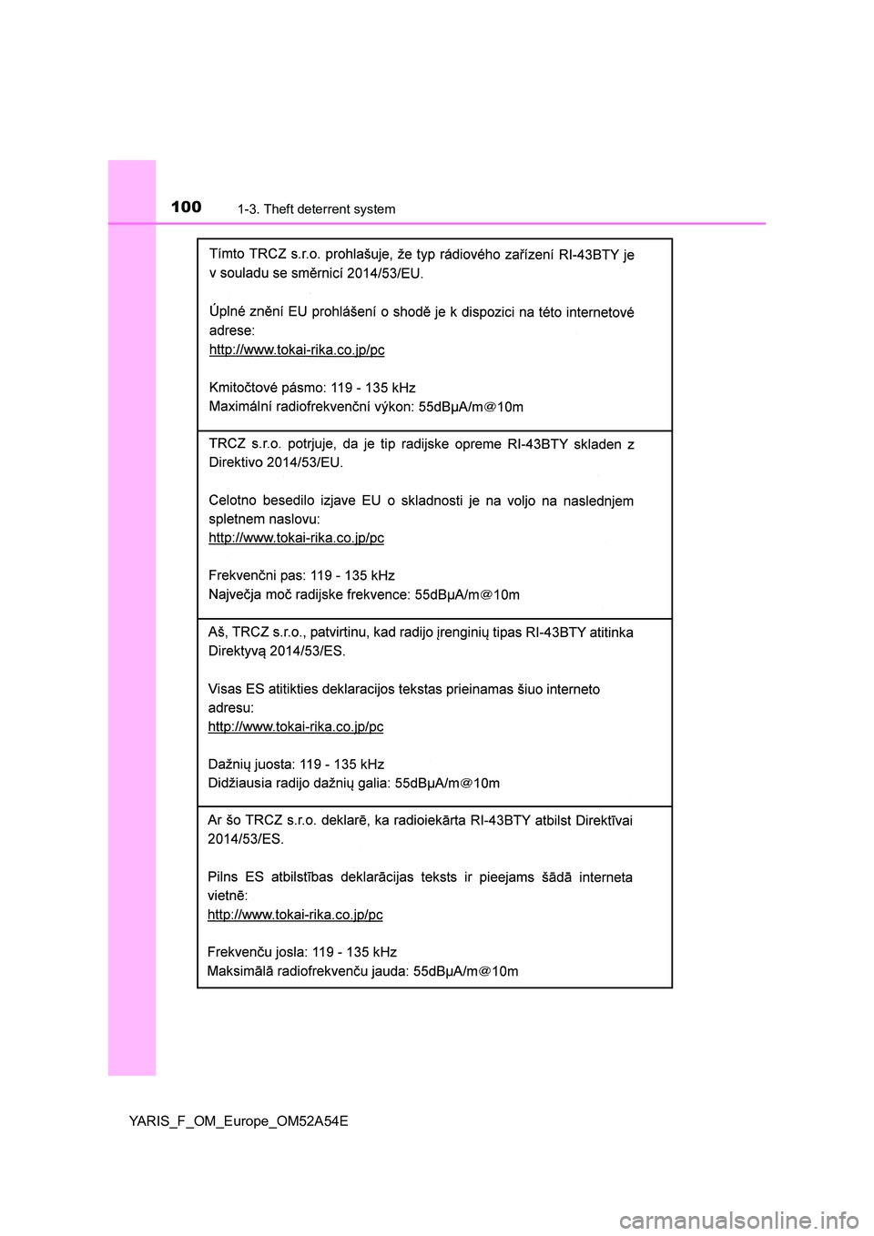 TOYOTA YARIS HATCHBACK 2019  Owners Manual 1001-3. Theft deterrent system
YARIS_F_OM_Europe_OM52A54E 