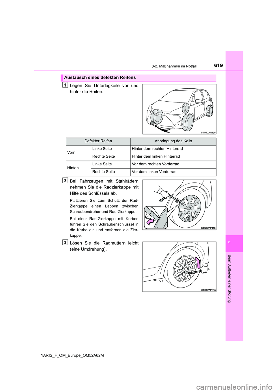 TOYOTA YARIS HATCHBACK 2019  Betriebsanleitungen (in German) 6198-2. Maßnahmen im Notfall
8
Beim Auftreten einer Störung
YARIS_F_OM_Europe_OM52A62M
Legen Sie Unterlegkeile vor und 
hinter die Reifen. 
Bei Fahrzeugen mit Stahlrädern 
nehmen Sie die Radzierkap