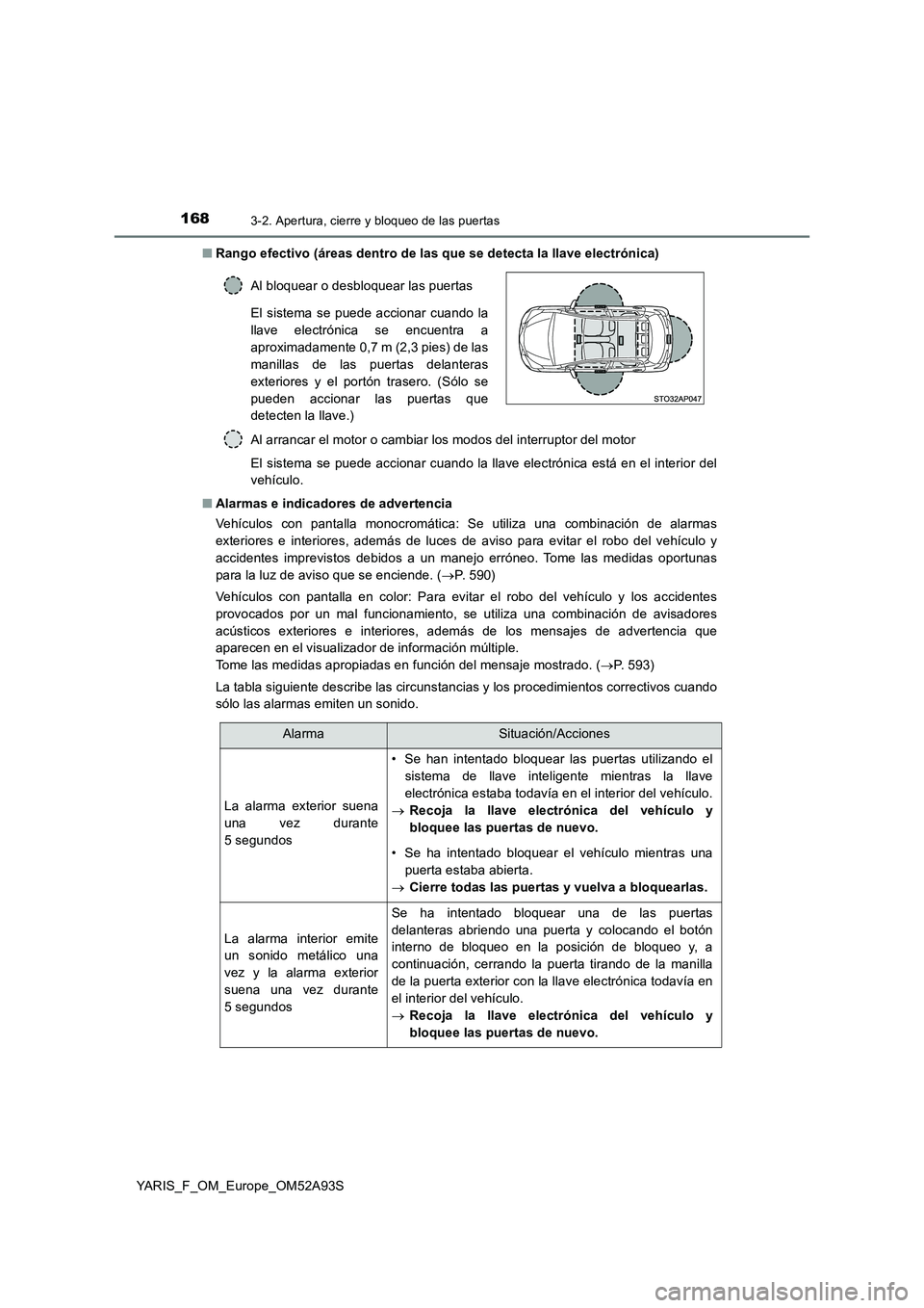 TOYOTA YARIS HATCHBACK 2019  Manual del propietario (in Spanish) 1683-2. Apertura, cierre y bloqueo de las puertas
YARIS_F_OM_Europe_OM52A93S 
■ Rango efectivo (áreas dentro de las que se detecta la llave electrónica) 
Al arrancar el motor o cambiar los modos d