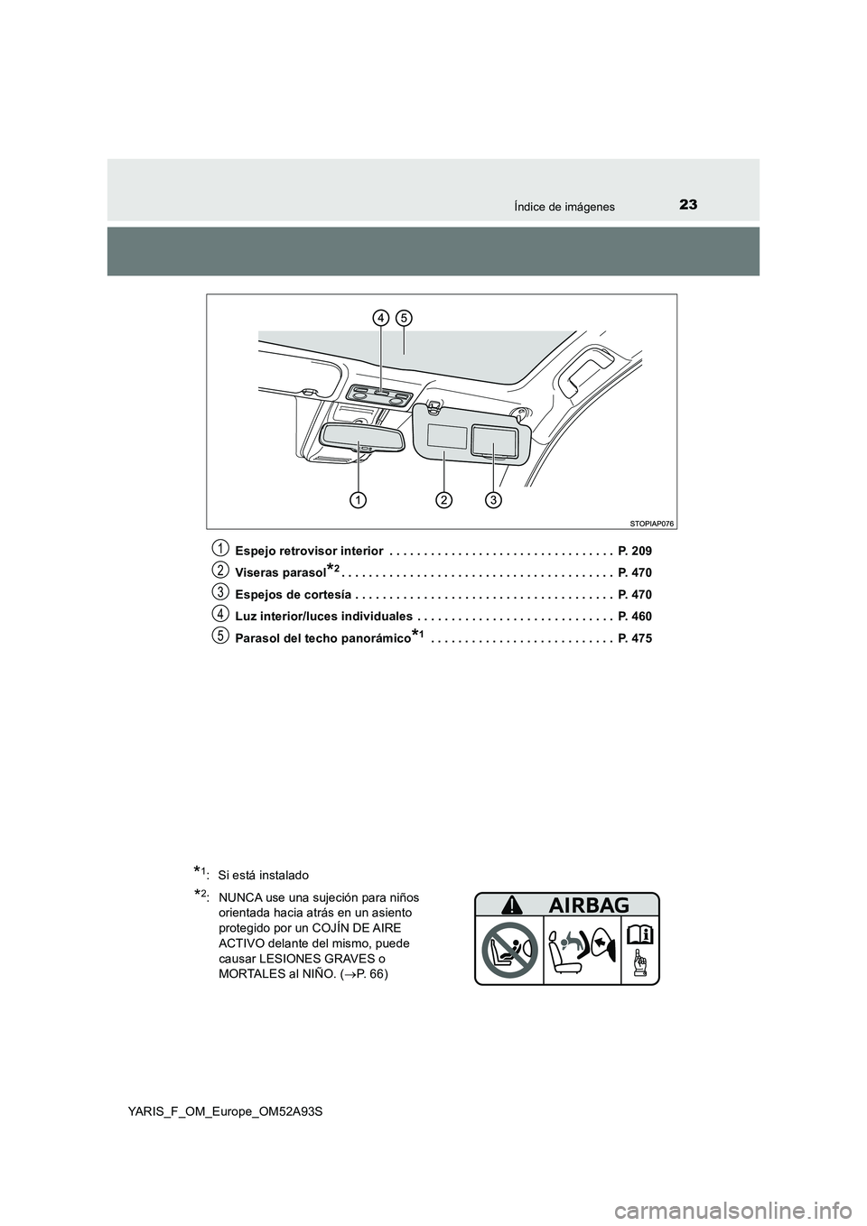 TOYOTA YARIS HATCHBACK 2019  Manual del propietario (in Spanish) 23Índice de imágenes
YARIS_F_OM_Europe_OM52A93S 
Espejo retrovisor interior  . . . . . . . . . . . . . . . . . . . . . . . . . . . . . . . . .  P. 209 
Viseras parasol*2. . . . . . . . . . . . . . .