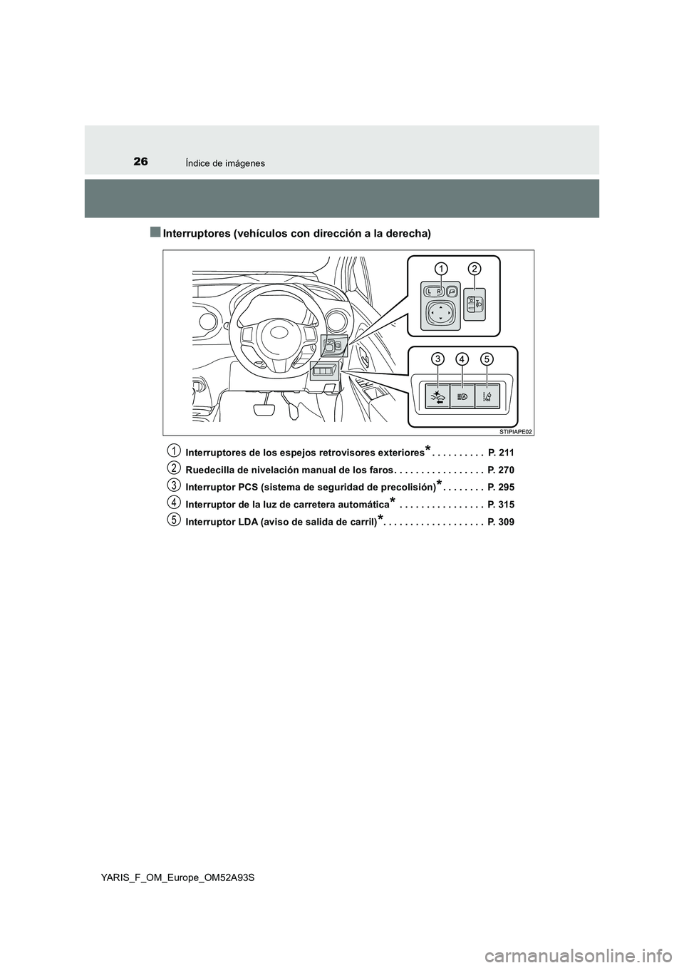 TOYOTA YARIS HATCHBACK 2019  Manual del propietario (in Spanish) 26Índice de imágenes
YARIS_F_OM_Europe_OM52A93S
■Interruptores (vehículos con dirección a la derecha)
Interruptores de los espejos retrovisores exteriores*. . . . . . . . . .  P. 211
Ruedecilla 