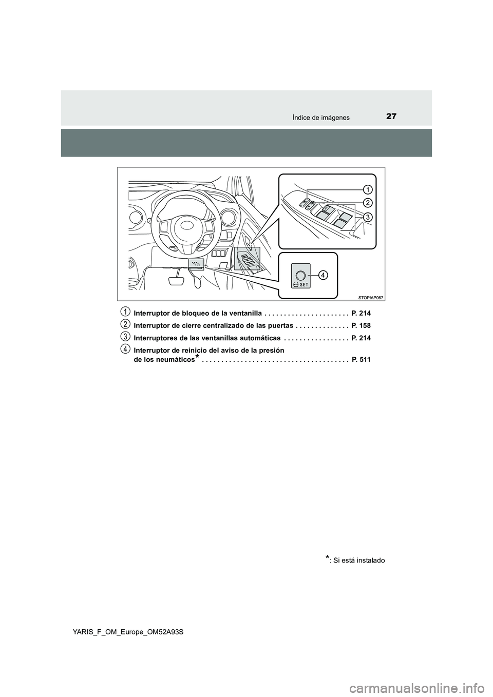 TOYOTA YARIS HATCHBACK 2019  Manual del propietario (in Spanish) 27Índice de imágenes
YARIS_F_OM_Europe_OM52A93SInterruptor de bloqueo de la ventanilla  . . . . . . . . . . . . . . . . . . . . . .  P. 214
Interruptor de cierre centralizado de las puertas  . . . .