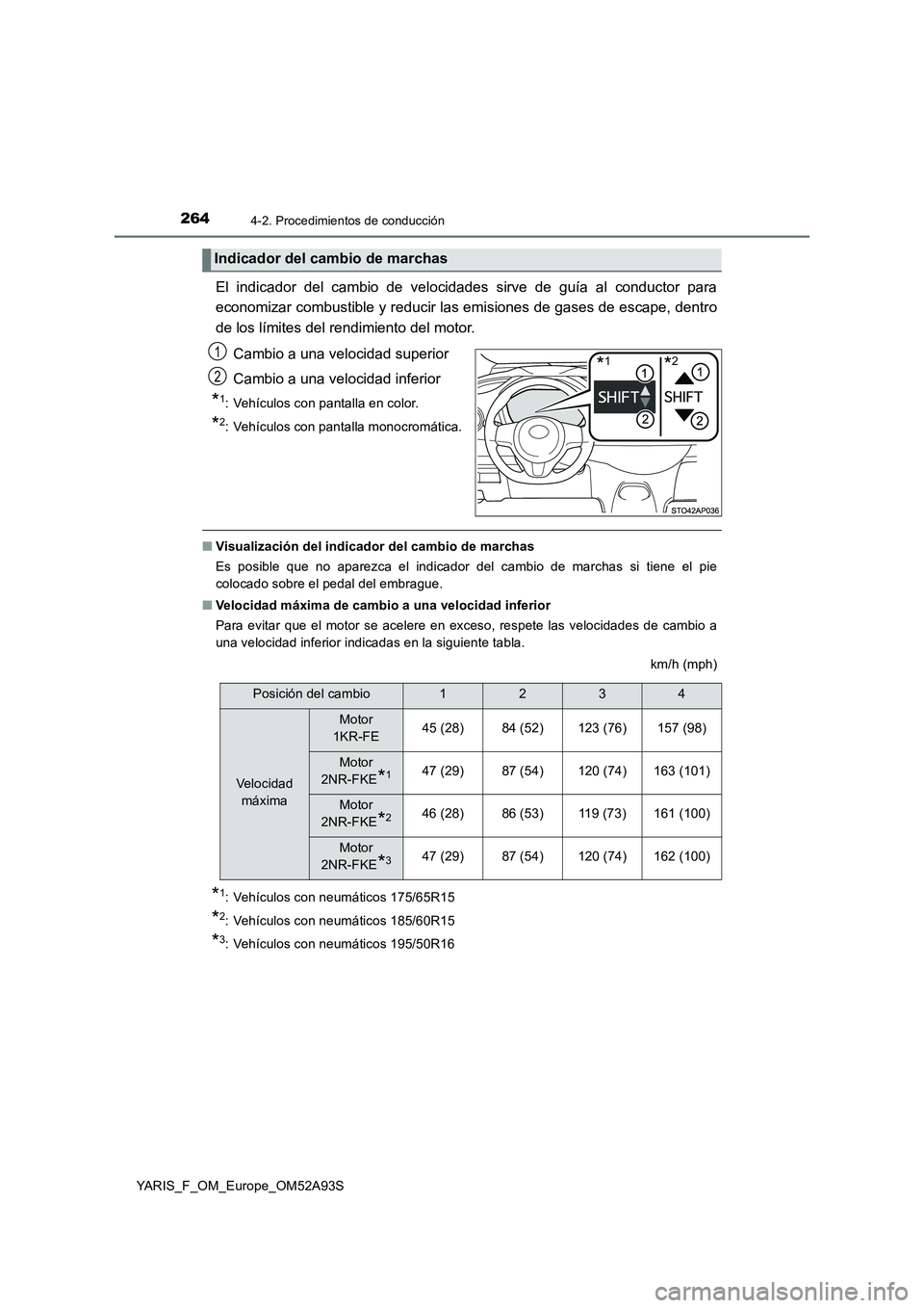 TOYOTA YARIS HATCHBACK 2019  Manual del propietario (in Spanish) 2644-2. Procedimientos de conducción
YARIS_F_OM_Europe_OM52A93S
El indicador del cambio de velocidades sirve de guía al conductor para
economizar combustible y reducir las emisiones de gases de esca