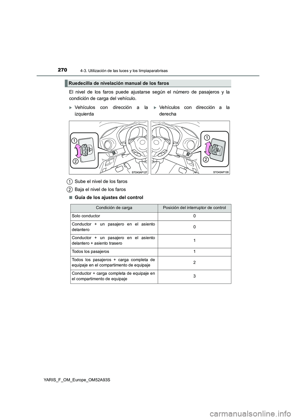 TOYOTA YARIS HATCHBACK 2019  Manual del propietario (in Spanish) 2704-3. Utilización de las luces y los limpiaparabrisas
YARIS_F_OM_Europe_OM52A93S
El nivel de los faros puede ajustarse según el número de pasajeros y la 
condición de carga del vehículo. 
Sube 