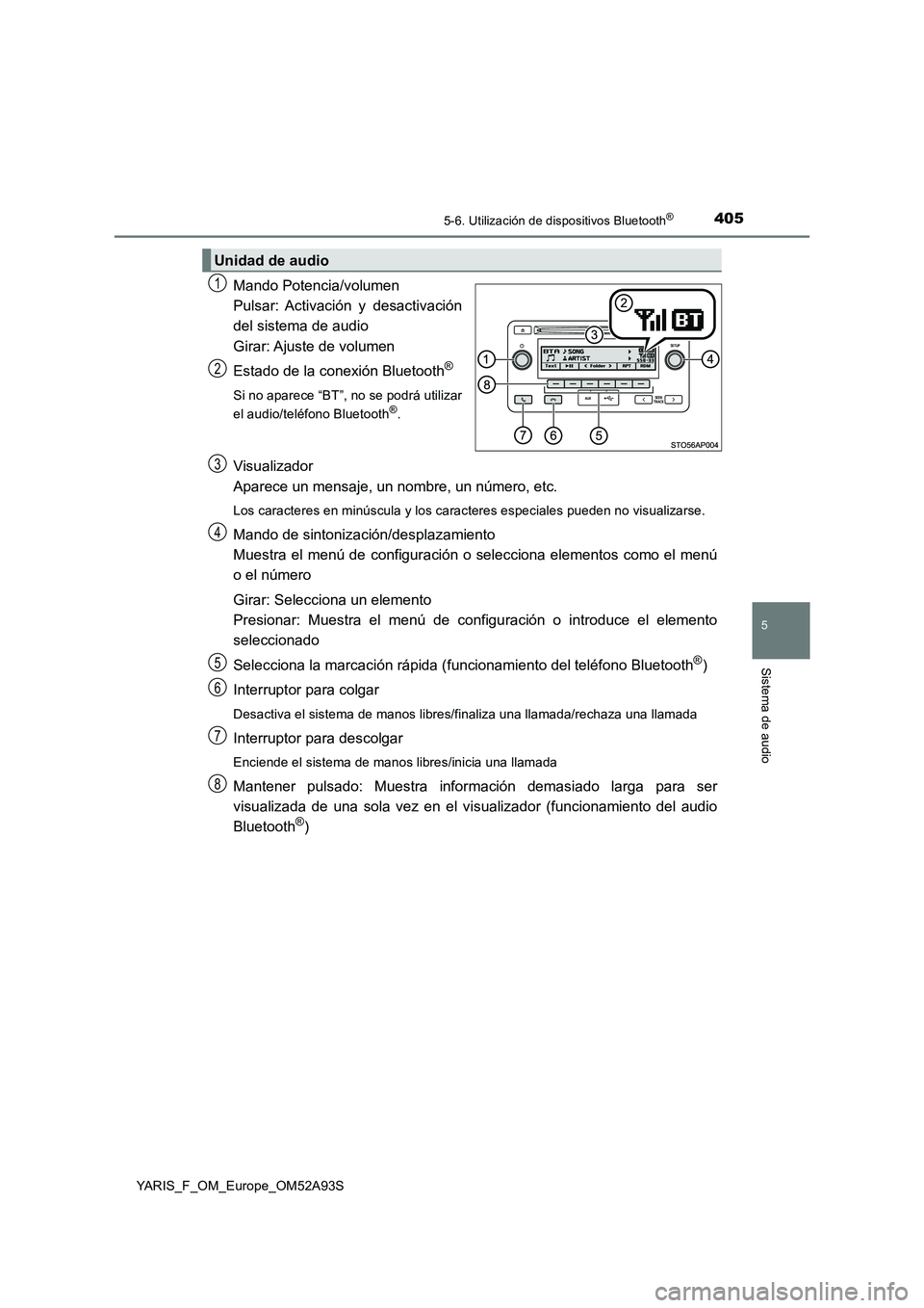 TOYOTA YARIS HATCHBACK 2019  Manual del propietario (in Spanish) 4055-6. Utilización de dispositivos Bluetooth®
5
Sistema de audio
YARIS_F_OM_Europe_OM52A93S
Mando Potencia/volumen 
Pulsar: Activación  y  desactivación
del sistema de audio 
Girar: Ajuste  de  v