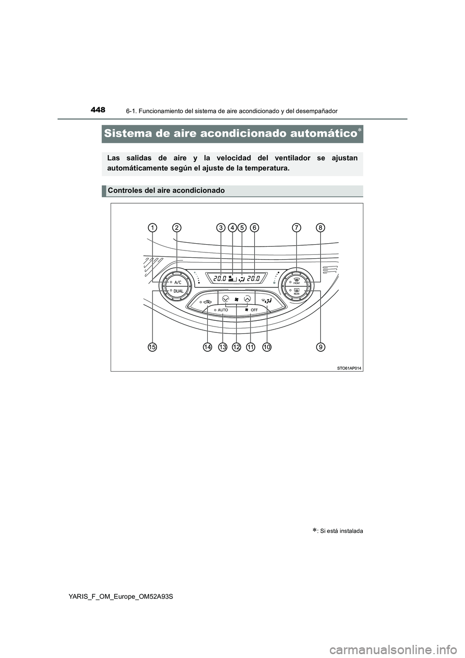 TOYOTA YARIS HATCHBACK 2019  Manual del propietario (in Spanish) 4486-1. Funcionamiento del sistema de aire acondicionado y del desempañador
YARIS_F_OM_Europe_OM52A93S
Sistema de aire acondicionado automático
: Si está instalada
Las salidas de aire y la ve